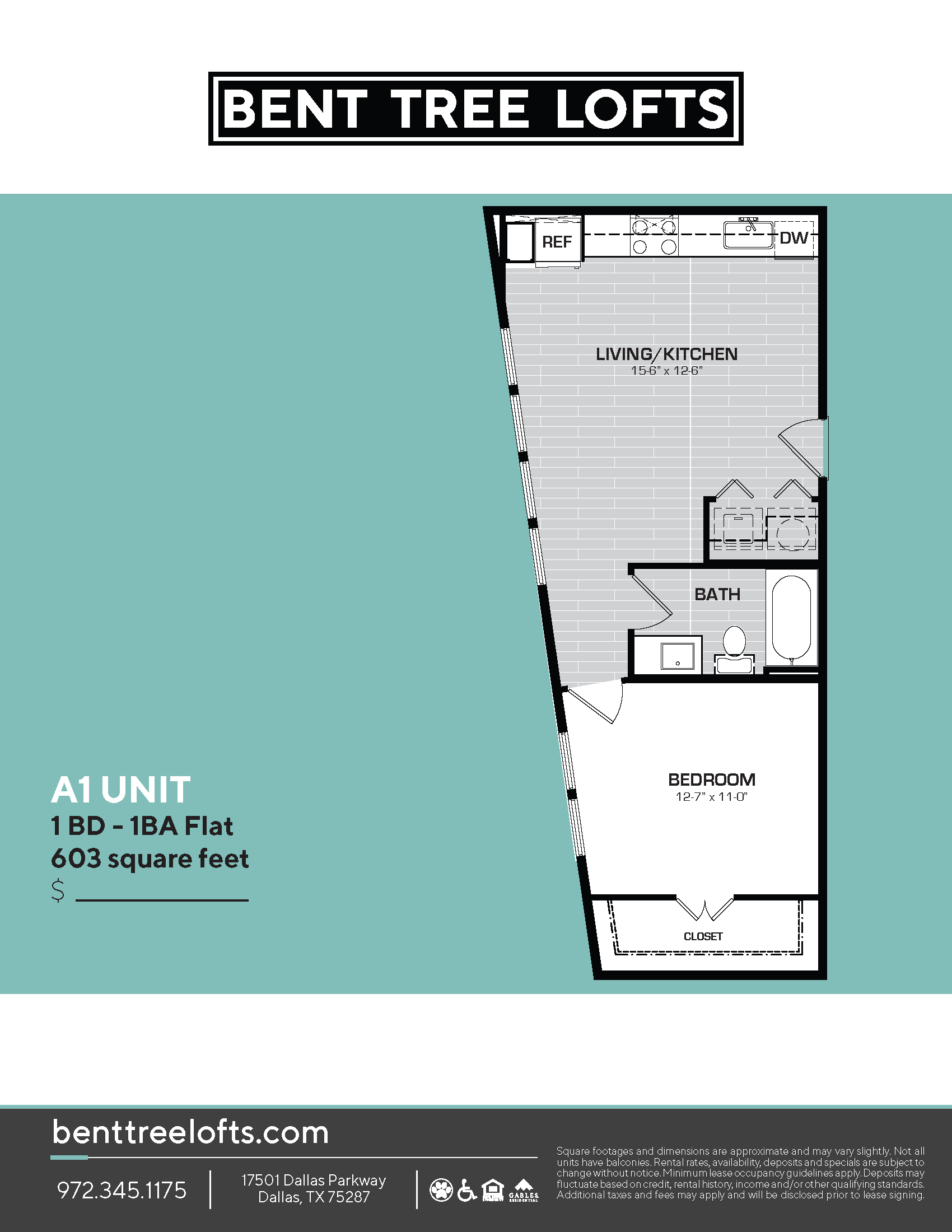Floor plan for 1 bed, 1 bath, 603 sqft